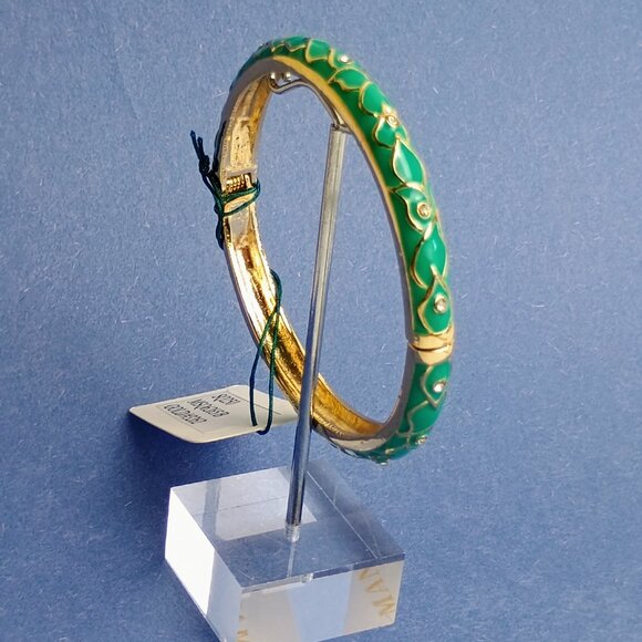 Vine Leaf Pattern Turquoise Enamel Hinge Bangle Skinny Bracelet Exquisite Casual - Picture 1 of 5